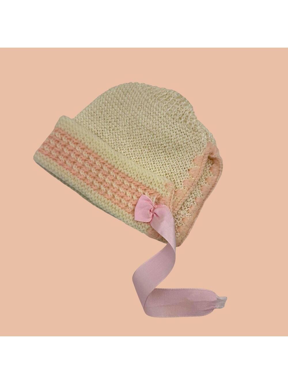 Vintage 1950s Hand Knit Baby Bonnet, Pink and White, Life Size Doll Clothing